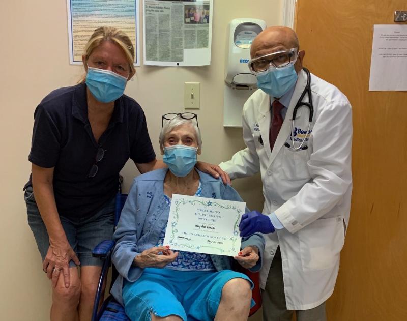 Mary Ann Kahane, center, celebrates the excellent care she receives from her daughter, Barbara Richards, and Beebe Healthcare’s Dr. Bhaskar Palekar. SUBMITTED PHOTO